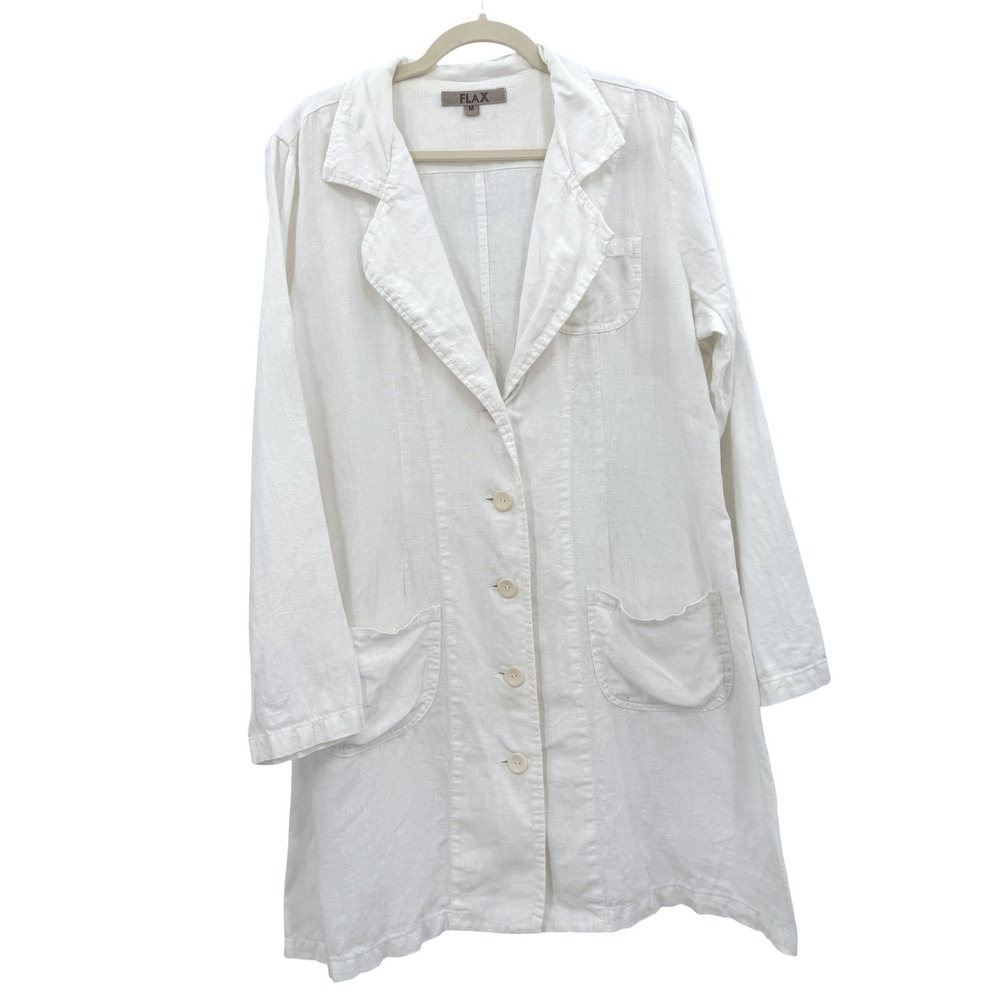 Flax 100% Linen Button Down Shirt Mid Length Jacket Dress White Pockets Casual